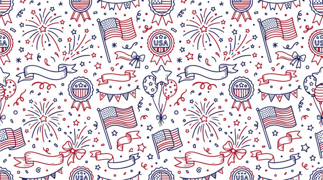 Patriotic american independence day doodle pattern with flags