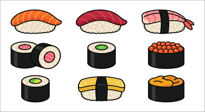 Assorted sushi rolls and nigiri vector illustration with white backgrounds and colorful toppings maki roll