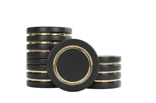 Stack of black casino poker chips with gold trim, arranged in a pile on a white background, representing gambling, betting, and wealth concept