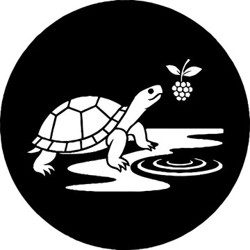 Turtle walking near water with berry plant illustration.