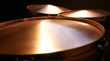Obraz premium kettledrums. A pair of polished copper kettledrums with taut drumheads gleaming under focused stage lighting. product launch decks. 