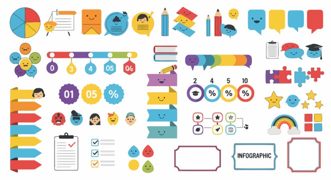 Colorful educational infographic elements set with cute smiley icons