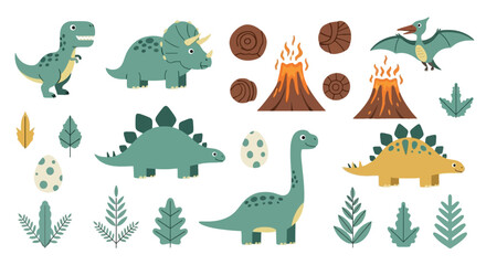 Collection of cute cartoon dinosaurs and prehistoric elements © jidan