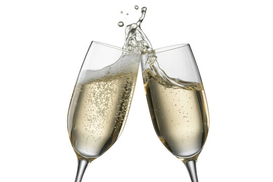Two champagne flutes clinking together with a splash of sparkling wine, isolated on a white background, celebrating a special occasion