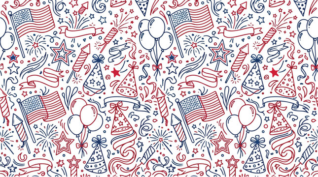 Patriotic seamless doodle pattern with flags balloons and fireworks