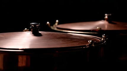 Obraz premium kettledrums. A pair of polished copper kettledrums with taut drumheads gleaming under focused stage lighting. product launch decks. 