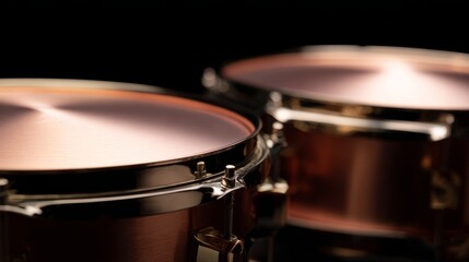 Obraz premium kettledrums. A pair of polished copper kettledrums with taut drumheads gleaming under focused stage lighting. product launch decks. 
