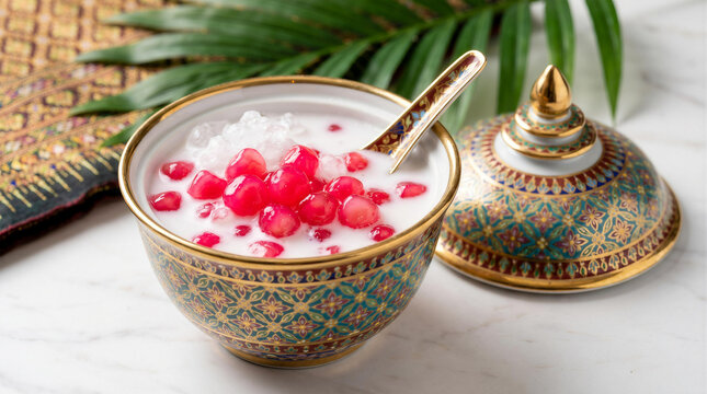 Traditional Thai dessert Tub Tim Krob red ruby water chestnuts in coconut milk in Benjarong bowl