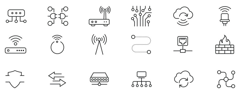 Network and wireless communication line icons set. Wifi connectivity, router devices, and internet services vector.