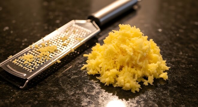 Freshly Grated Lemon Zest and Zester on a Dark Countertop.