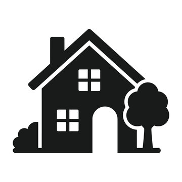 Simple black house icon with tree and bush on white background icon