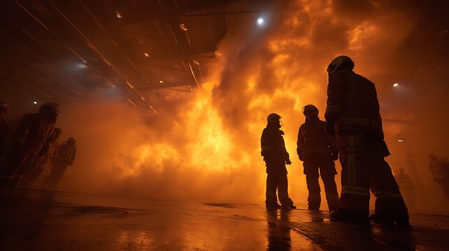 Firefighters standing before a massive blazing fire in the night.