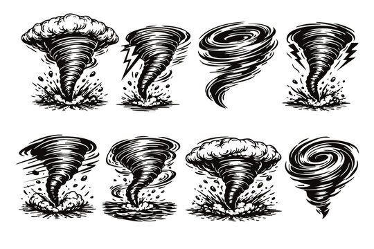 Tornadoes And Cumulus Clouds, Black And White Engraving Style Illustration