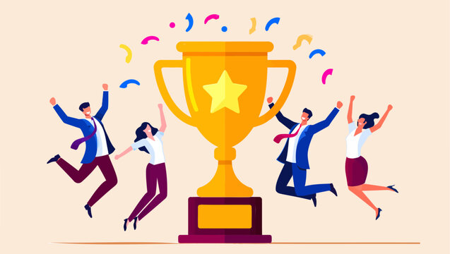Happy professional business team members are jumping for joy near a giant golden trophy decorated with a bright yellow star during a festive corporate awards celebration