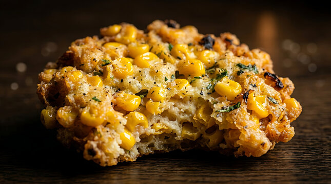 Crispy golden corn fritter texture with visible kernels and herbs, a delicious fried appetizer