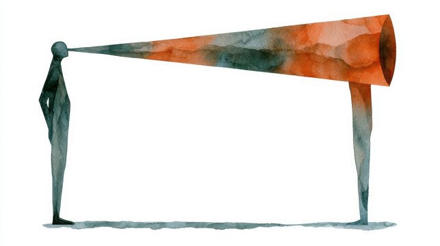 An abstract figure stands with a direct energy beam of speech in warm tones. The illustration highlights the concept of assertive communication.
