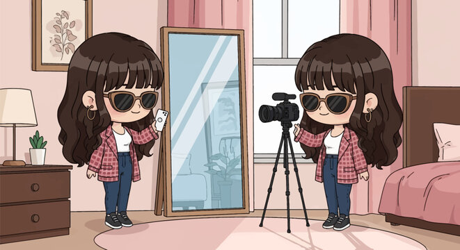 Cute chibi style fashion influencer girl in pink bedroom recording video with camera on tripod and taking mirror selfie wearing plaid jacket, sunglasses, and denim jeans.