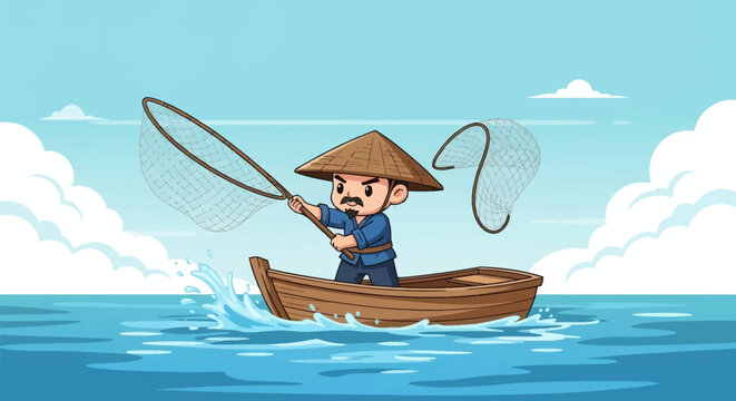 Chibi style fisherman with a goatee wearing a conical hat and blue tunic casting a net from a wooden boat on the water with splashing waves and white clouds in a flat vector design.