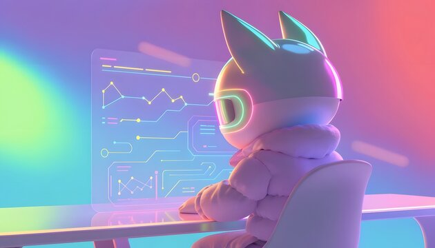 Futuristic cyber network monitor and automated tracking display. Artificial intelligence data management. Character in specialized gear viewing vivid infographic terminal panels