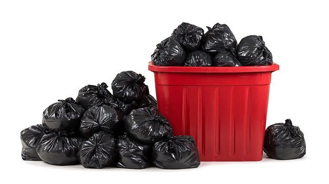 A red plastic bin filled with black garbage bags surrounded by more bags.