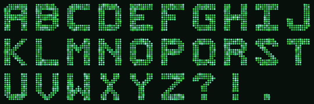 Green LED Dot Matrix Alphabet Font Display for Digital Signage and Retro Tech Retrofuturistic Graphic Design Elements