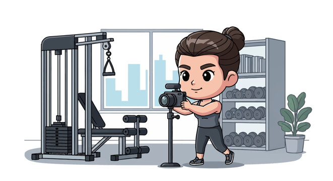 Cute chibi female fitness influencer filming a workout video with a camera on a tripod in a gym setting with a cable machine, weight bench, dumbbell rack, and a city window view.