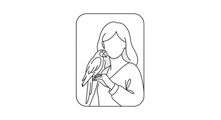 Fototapeta premium Woman holding a parrot, line art illustration, pet bird, friendship, simple design