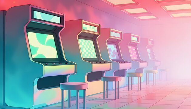 Vintage arcade game machines in a row. Retro gaming and entertainment concept. Pastel colored gaming cabinets standing in an empty amusement room context