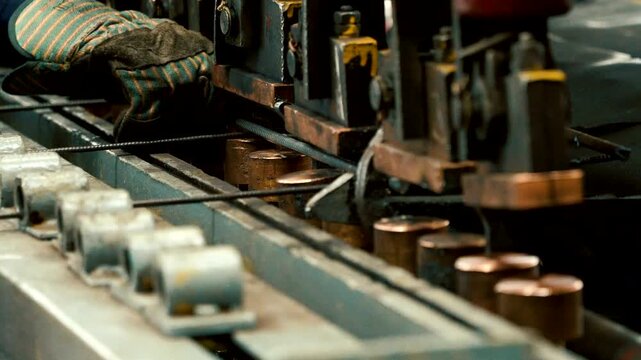 Automated machine processing steel rods on industrial production line