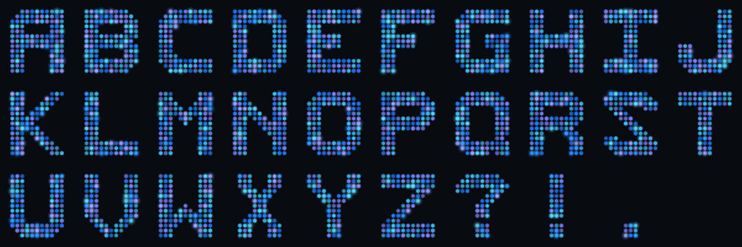 Digital Dot Matrix Alphabet Set Blue LED Pixel Font for Technology and Gaming Graphic Design Projects