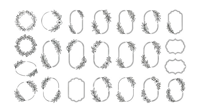 Minimalist botanical frames and floral wreaths, 25 elegant line art border elements, black hand drawn foliage vector set for wedding invitations