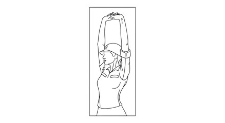 Obraz premium Woman in uniform stretching arms overhead, side profile, athletic pose