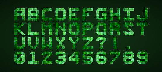 Fototapeta premium Green Dot Matrix Digital Alphabet and Numbers Set for Retro Computer Interface and Retro Gaming UI Design