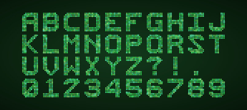Retro Green Dot Matrix Font Alphabet and Numbers Digital Display Style for Vintage Tech Design Projects