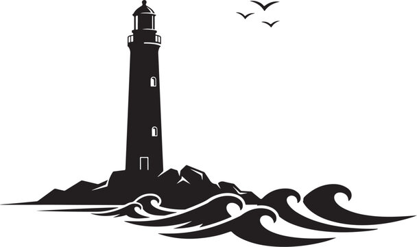 Black silhouette of a lighthouse on a rocky coastline waves