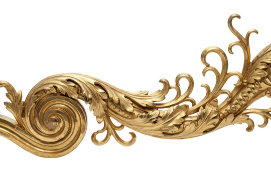 Detailed gold decorative scroll molding with intricate acanthus leaf carvings, vintage architectural isolated on a white background