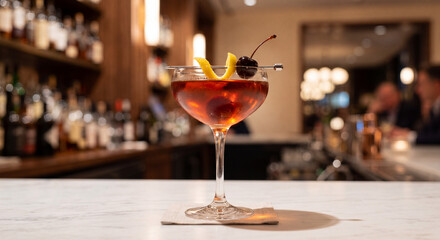 Naklejka premium Vibrant Red Cocktail with Cherry and Lemon Garnish on Bar Counter
