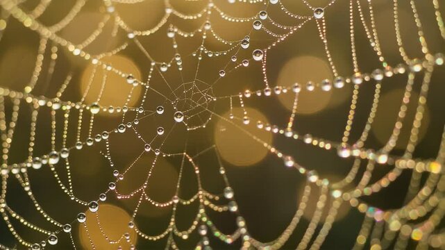 Spider web covered in dew drops.