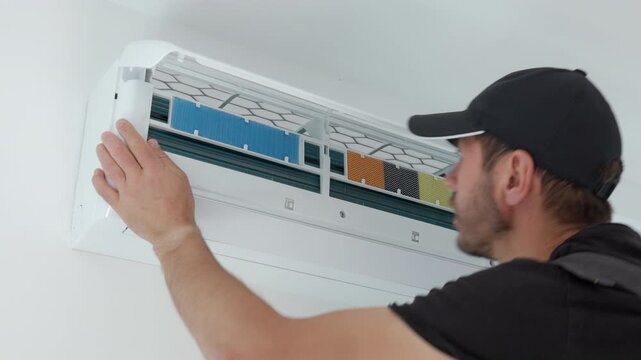 Technician cleans air conditioner filter inside an open wall unit. Concept of HVAC maintenance cleaner airflow and cooling system care.