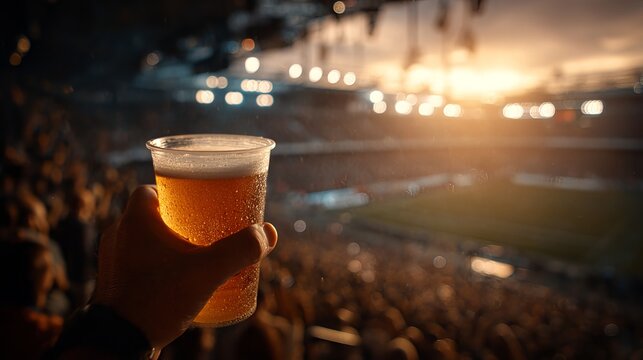 Hand holding plastic cup of beer at football stadium, live sports event and fan celebration concept
