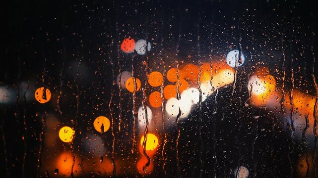 Rainy night cityscape through wet window.