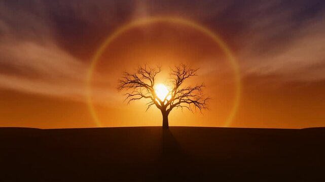 Bare tree silhouette at sunset with lens flare.