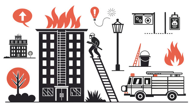 Firefighter climbing ladder to burning building with fire truck nearby on white background