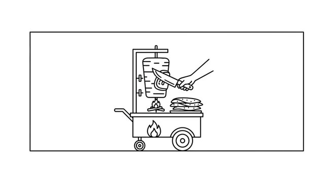 Street food cart with rotating meat skewer and knife slicing shawarma