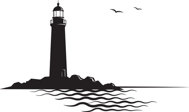 Black silhouette of a lighthouse on a rocky island with waves
