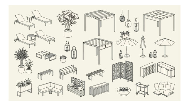 Modern outdoor furniture vector set, minimalist patio garden equipment line icons, architectural terrace landscape design elements
