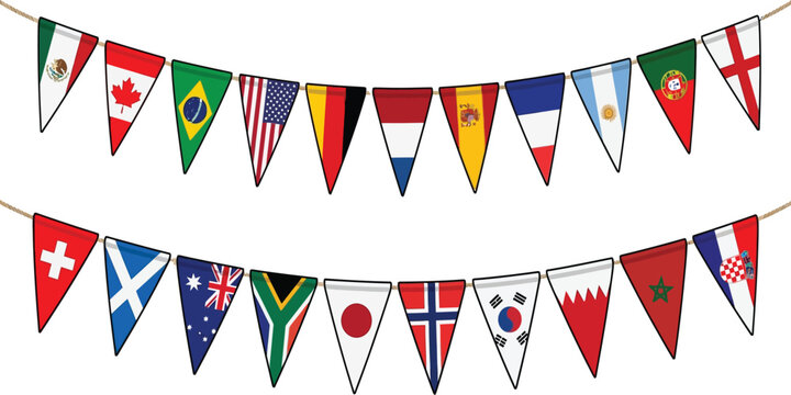 International World Flags Bunting Banner Vector Illustration Featuring Country Pennants for Global Sports Events, National Celebrations, and Multicultural Festivals on White Background.