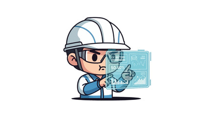 Fototapeta premium Chibi male engineer wearing white hard hat and safety glasses interacting with a blue holographic interface analyzing electric vehicle battery performance data and digital charts.