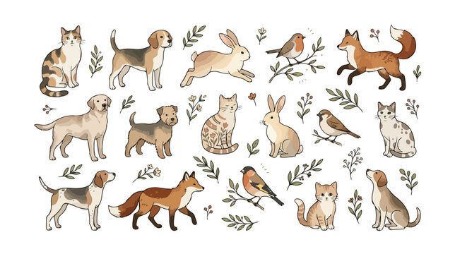 Watercolor animal illustrations set, hand drawn woodland and domestic pets vector, cute cat dog fox and rabbit collection for nursery decor