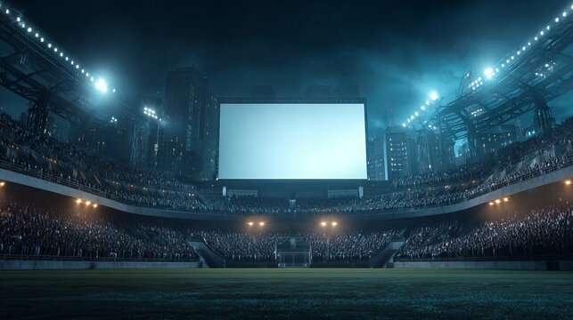 Empty stadium scoreboard above football field under floodlights, sports arena mockup with copy space.